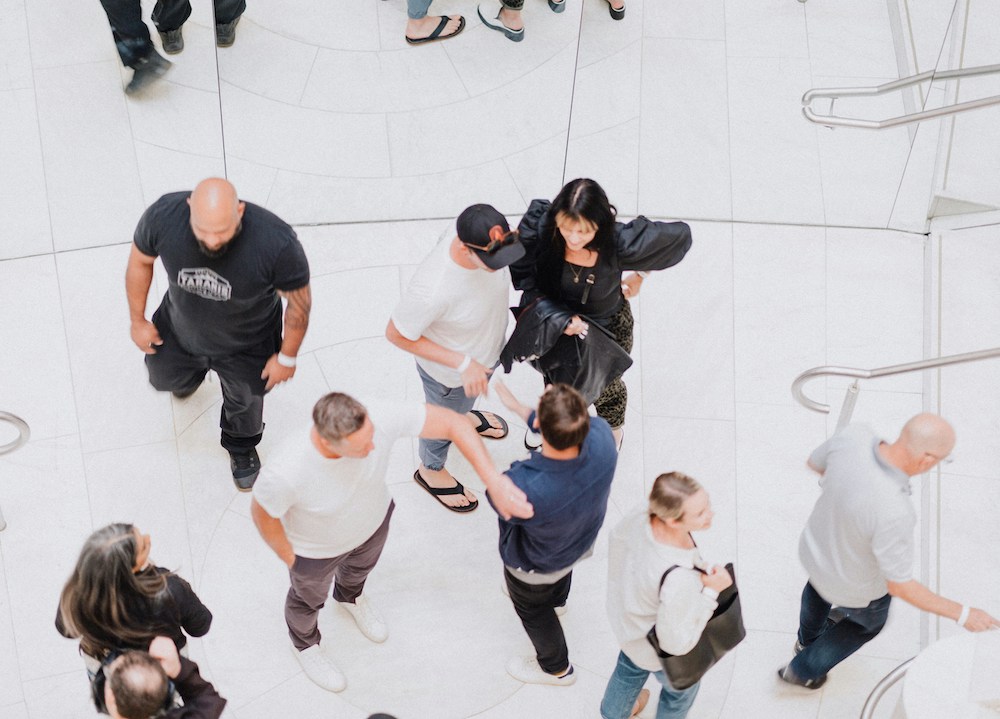 overhead shot of people in a public space